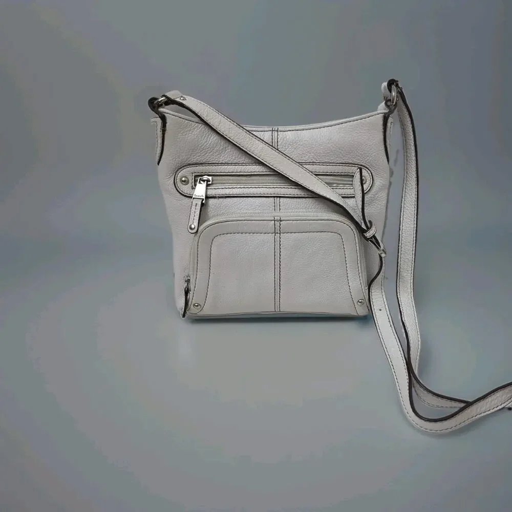Tignanello White Pebbled Leather Crossbody Purse Multi Pocket Adjustable Bag